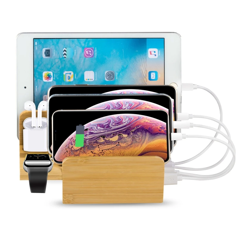 Universal Mobile Phone Tablet Bracket Bamboo Charging Station Dock Wooden Storage Shelf Bracket Charging Seat(Us Plug