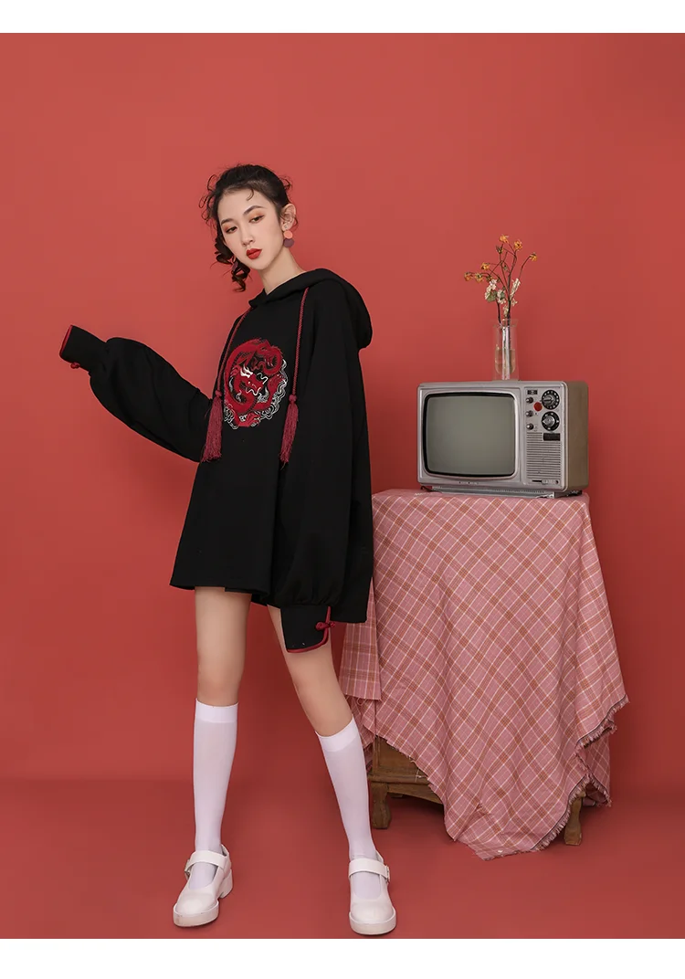 Spring New Female Sweatshirt Solid Color Dragon Embroidery Vintage Hooded Lantern Sleeve All-match Outerwear XZ704