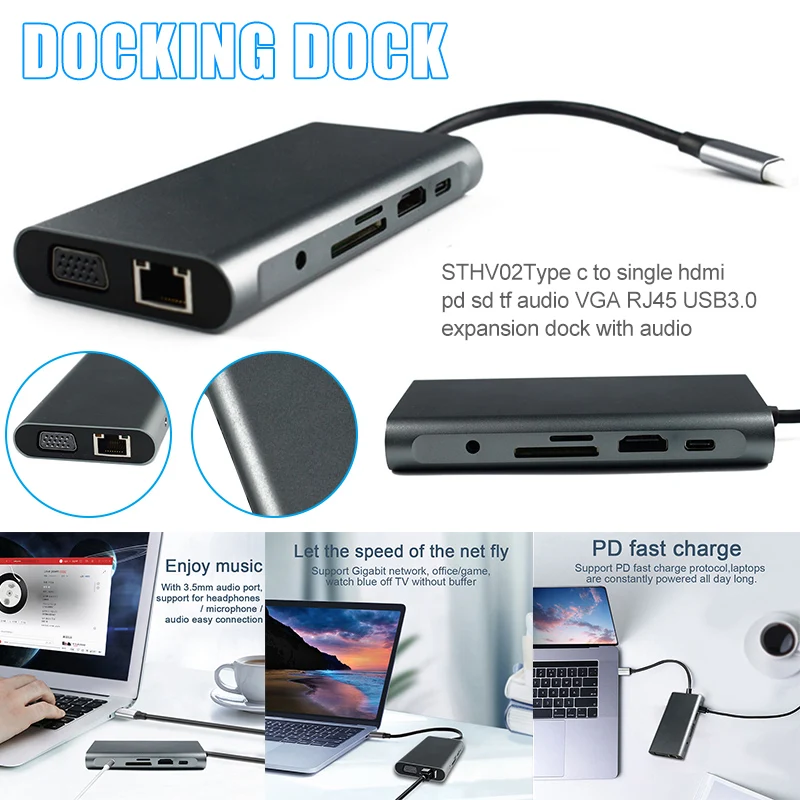 

USB C Hub Laptop Docking Station Type C Adapter with 3.5mm Audio Port for Windows Computer IJS998