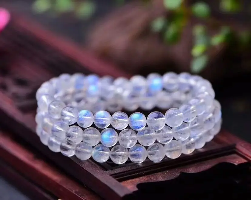 

Genuine Natural Blue Light Moonstone Crystal Clear 3 Laps Round Beads Bracelet 7mm For Women Men Healing Stone Fashion AAAAA