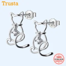 Trusta 925 пробы серебряные ювелирные изделия Модные Милые 16 мм X 10 мм полые CZ кошка серьги гвоздики подарок для девочек подростков леди DS516
