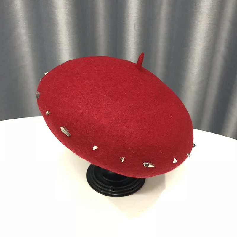 7 VISROVER woman wool winter beret female rhinestone wool cap autumn winter hat solid color top quality Women Boina wholesales - Цвет: 7