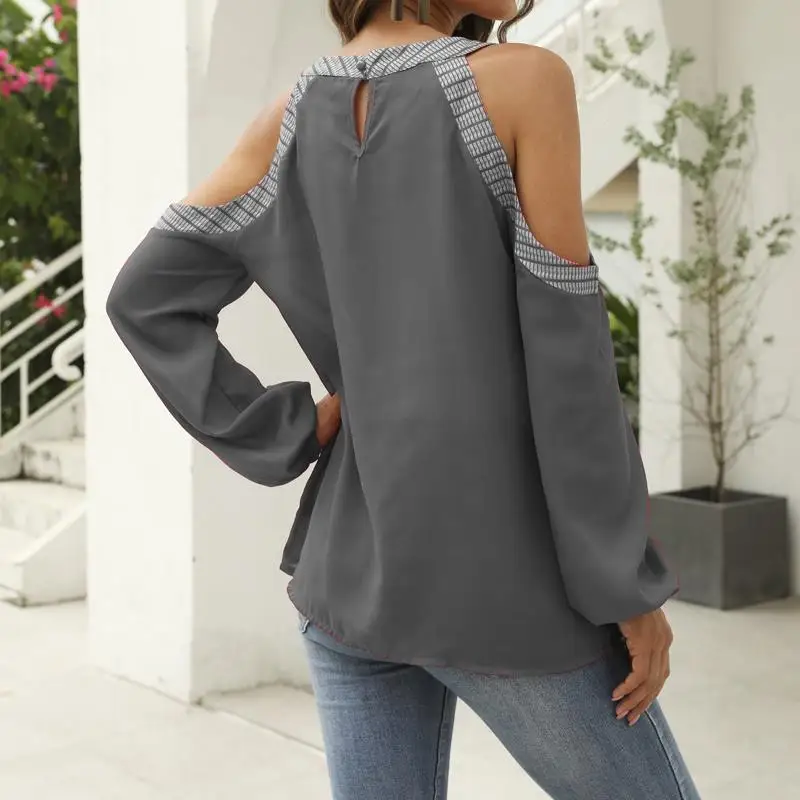 5Xl Женские выдалбливают топы и блузки с длинным рукавом печати размера плюс рубашки топы Свободные с открытыми плечами шифоновая блузка