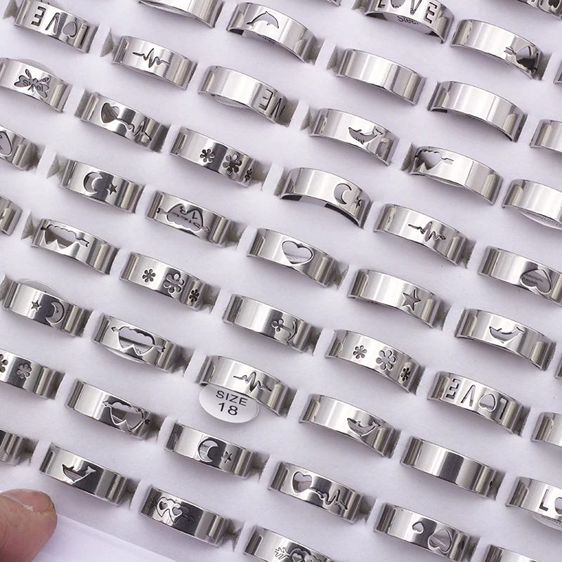 100Pcs/Lot Stainless Steel Star Moon Heart Butterfly Hollow Rings for Women and Men Wholesale Mix Style Silvery Couple Jewelry