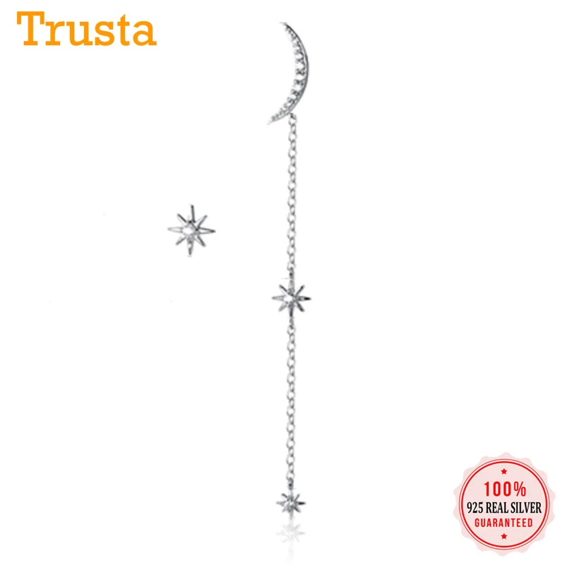 100% 925 Sterling Silver Earrings for Women Asymmetric Moon Star Dazzling CZ Chain Stud Jewelry Gift DT48 | Украшения и