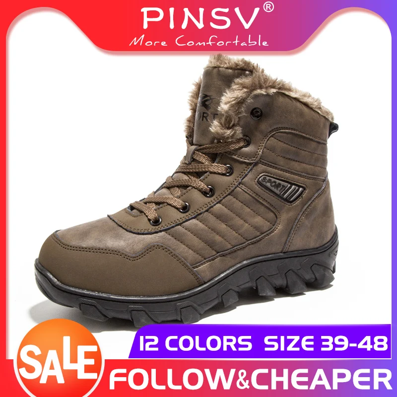 

PINSV Brand Autumn Winter Warm Fur Men Comfortable Working Shoes High Top Snow Boots Genuine Leather Sneakers Big Size 39~48