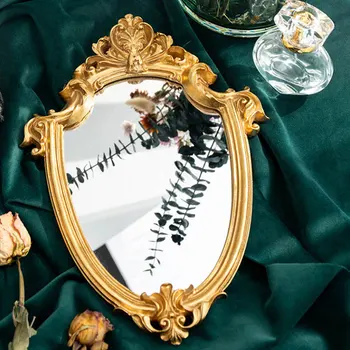

European Luxury Wall Decor Mirror Golden Relief Resin Mirrors Palace Decoration Mirror Bedroom Dressing Table Makeup Mirrors