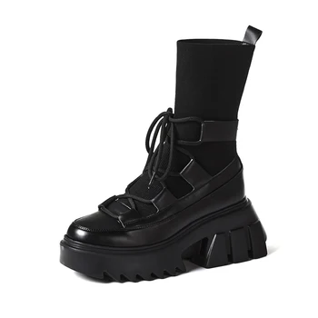 

New Genuine Leather + Elastic Fabric Women Boots Autumn Winter Warm High Heels Shoes Woman Casual Quality Brand Stretch Boots