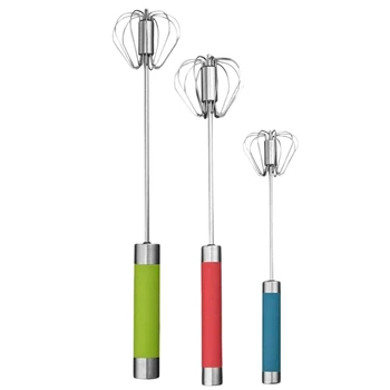 

3 Pcs Stainless Steel Semi-Automatic Rotary Whisk Push Handle, Household Mixing Stick for Eggs, Milk, Butter, Bread,Cake