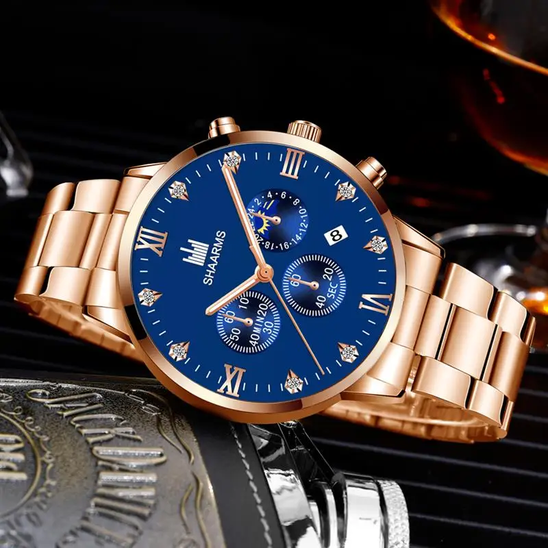 Shaarms Mens Watches Luxury Alloy Case Roman Numeral Display Date Dial Quartz Wristwatch Casual Business Watch Man Clock