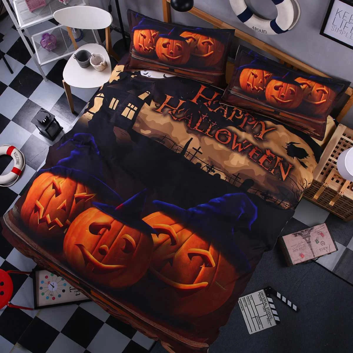 

4Pcs 1.2m/1.5m/2m/2.2m Halloween Theme Pumpkin King Duvet Cover Set Soft Polyester Cotton Sheets Pillow Case Queen Bedding Quilt