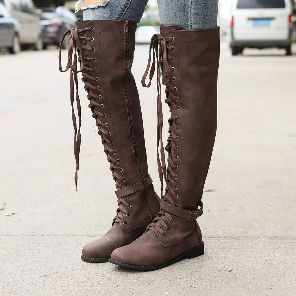 

Perimedes Women's Winter Boots Flat with Cross-Tie Shoes Woman Knee-High Zip Round Toe Women Boots Autumn bota feminina