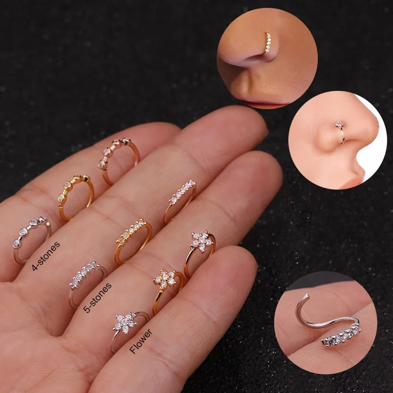 Small Loop Nose Piercing Body Jewelry Cz Rhinestone Hoop Nostril Ring Circle Flower Helix Cartilage Women Girls | Украшения и