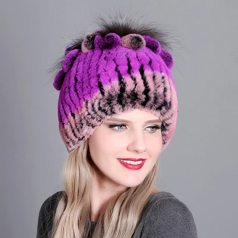 Хепберн бренд леди осень зима теплая вязаная шапка женская кролика Рекс волос Skullies Beanie женский толстый мешковатый чепчик мягкий хлопок - Цвет: color1