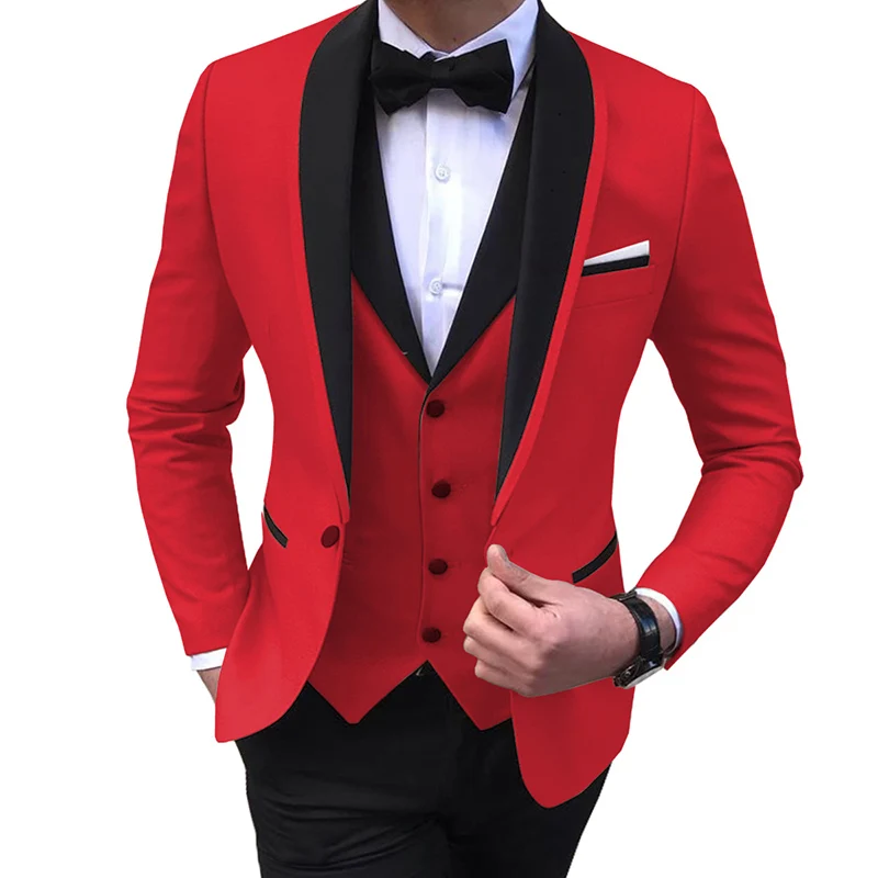 Blue Slit Mens Suits 3 Piece Black Shawl Lapel Casual Tuxedos for Wedding Groomsmen Suits Men 2020 (Blazer+Vest+Pant)