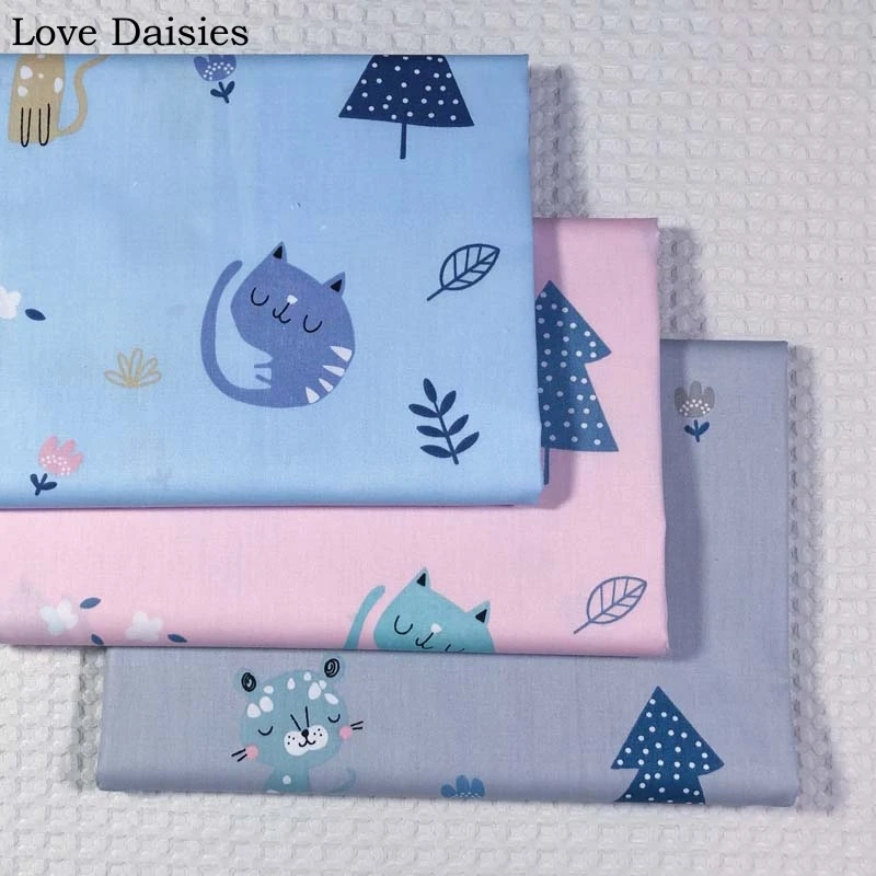 Хлопок саржа мультфильм Синий Розовый Серый милый кот гариффе дерево цветок ткань детское постельное белье Простыня ручная работа одежда домашний Декор Ремесло