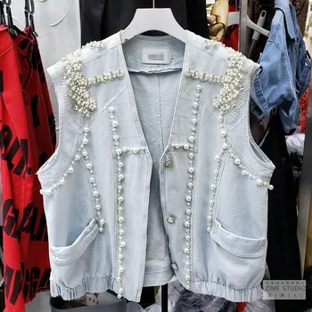 

Village Do Old Denim Vest Coat for Woman European Station 2020 Spring New Sleeveless Vest Beaded Loose Studded Cropped Waistcoat