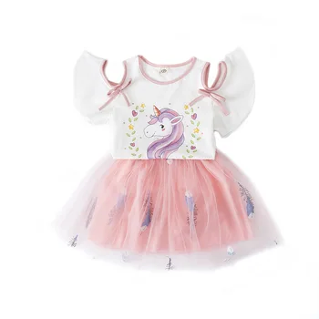 

Girl Summer Dress Set T-shirt +Yarn skirt Unicorn Short Sleeves Cartoon Top Princess SkirtS kids Clothes Set