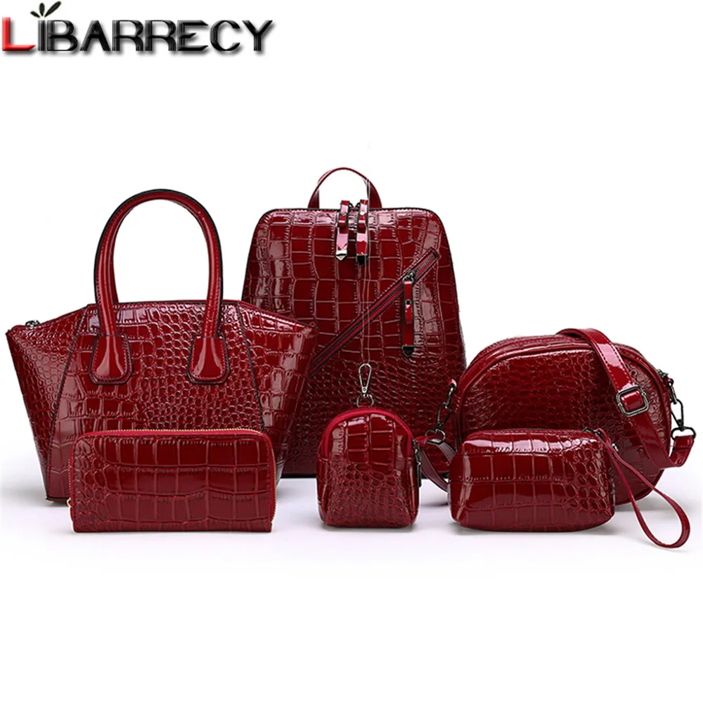 

6pcs/Set Vintage Alligator Patent Leather Women Purses and Handbag Female Fashion Luxury Large Capacity Shoulder Bag Big Totes