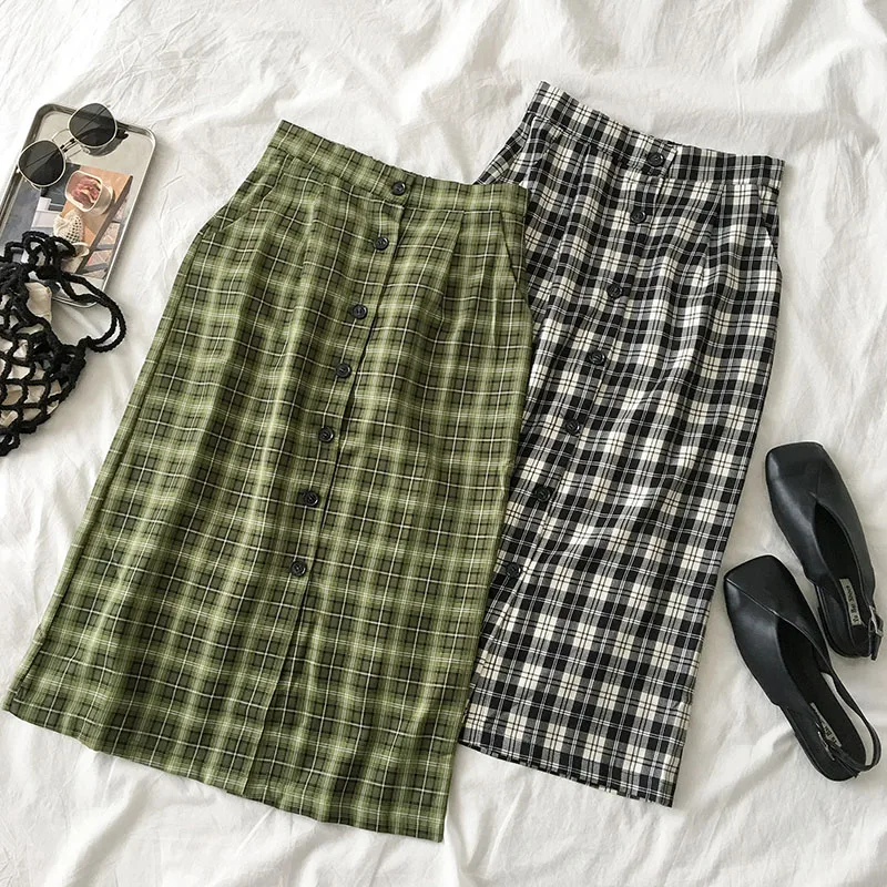 plaid skirts womens autumn spring Japanese style long elastic waist single-breasted green plaid skirt faldas