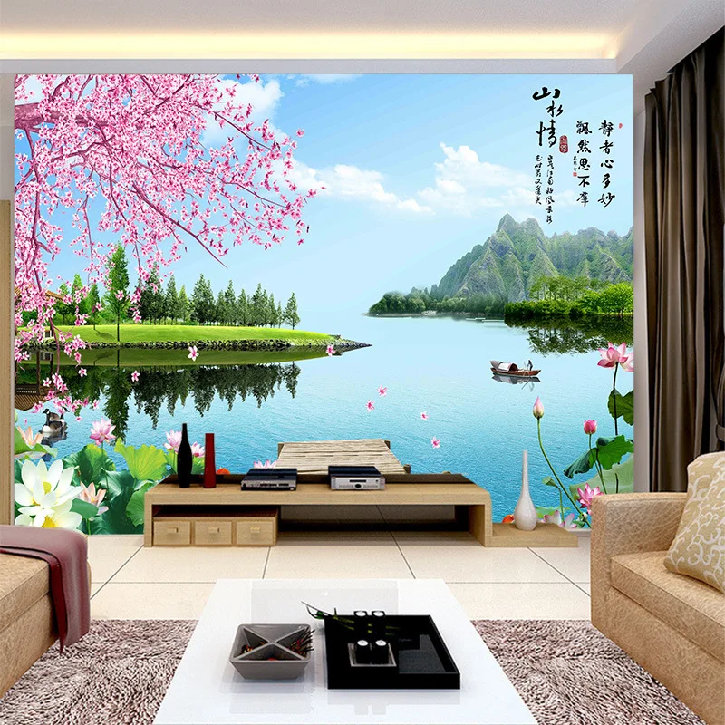 

3DCustomized wallpaper mural large Chinese style landscape with cherry lotus bird behind sofa as background in room