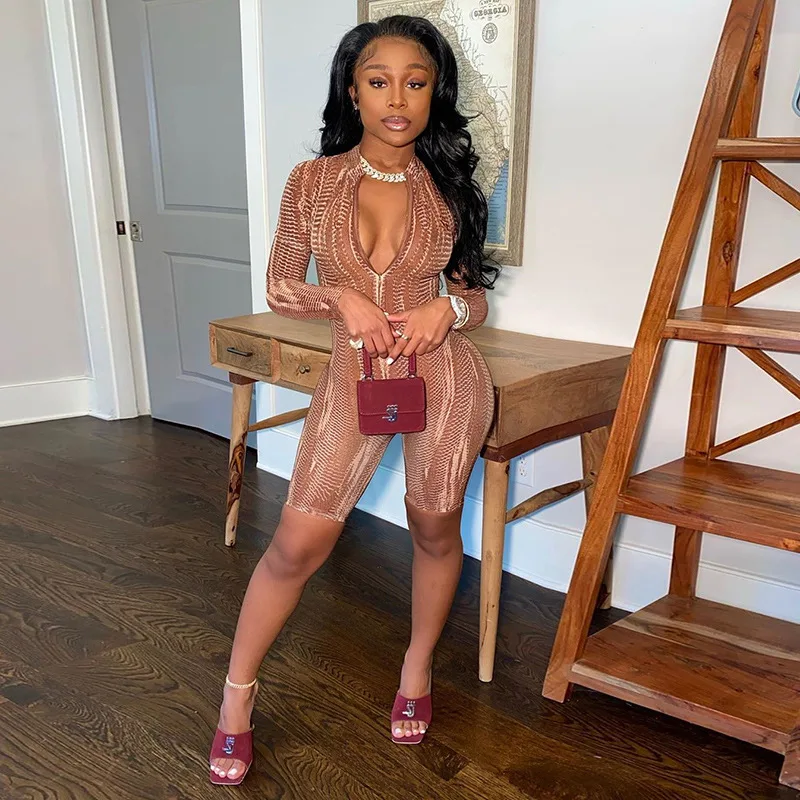 

Serpentine Pattern Print Zipper Front Romper Women Jumpsuit Bodysuit Skinny Elastic Casual Streetwear Female Autumn Outfits