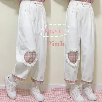 Pantalones rectos de pana para chicas adolescentes, calzas de estilo Harajuku, salvaje, japonés, Kawaii, holgadas, con Parche de corazón 1