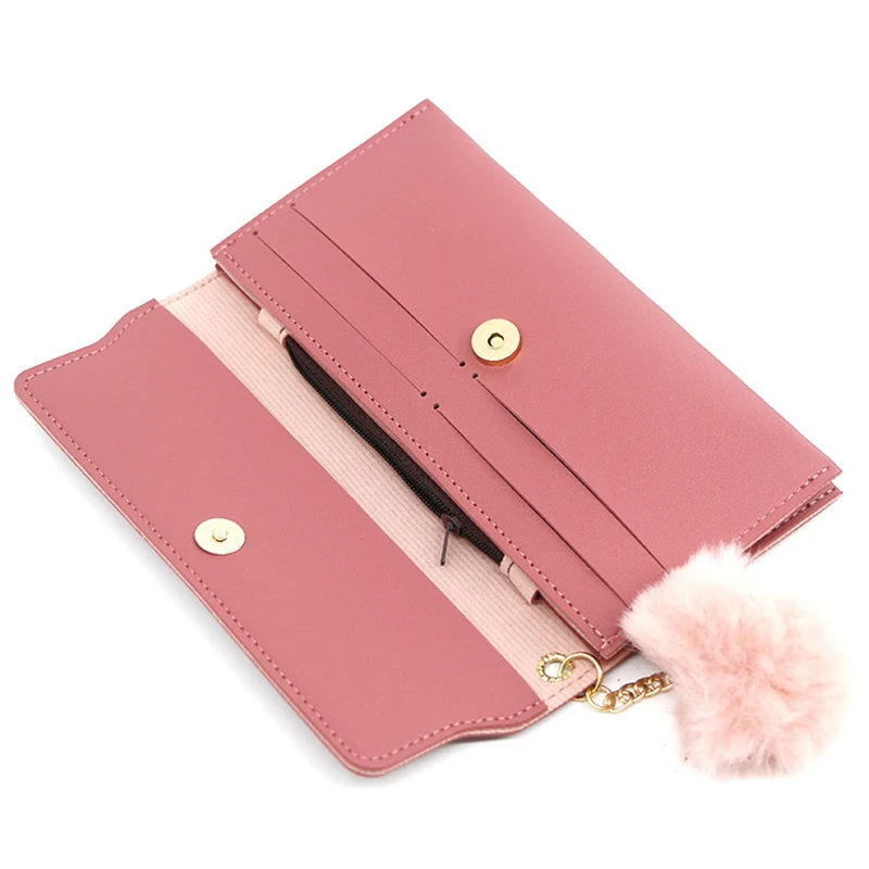 Elegant Women's Solid Color Fur Ball Wallet - PU Leather Long Wallet with Butterfly Card Holder Purse