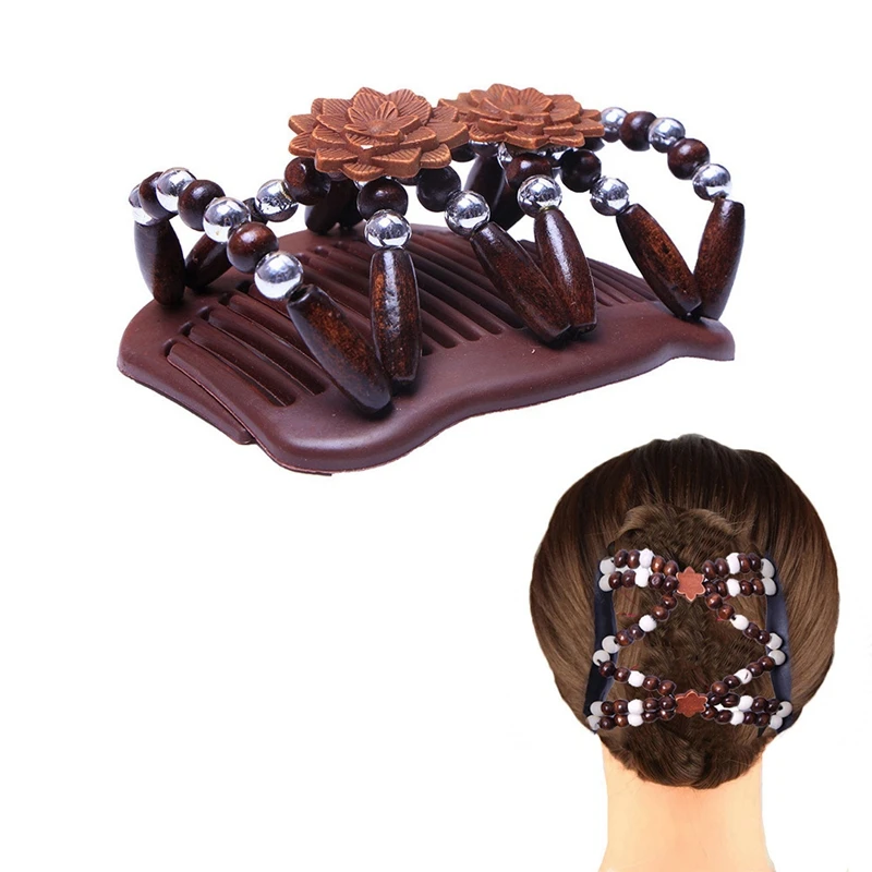 2 Pcs Double Beaded Hair Magic Comb Clip Beads Elasticity Hairpin Stretchy Hair Combs for Women Hair Accessories, Yellow Brown