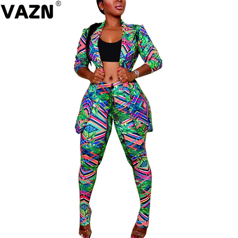 VAZN, осень, формальный, неопрятный, сексуальный, модный, 2 цвета, длинный рукав, Блейзер, топ, длинные штаны, для женщин, тонкий, комплект из 2 предметов - Цвет: colour bar