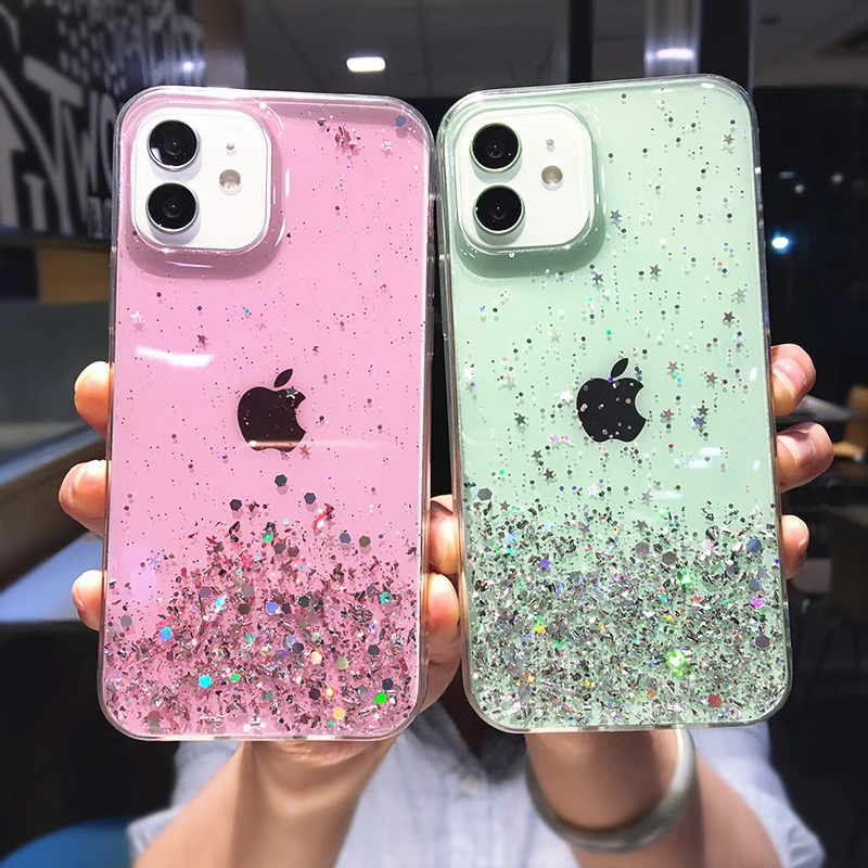 Luxury Glitter Star Sequins Bling Clear Phone Case For iPhone 13 Pro Max 12 Mini 11 XS XR X 7 8 Plus Transparent Soft Back Cover