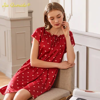 

Women Sexy Sleepwear Nightgown Dress 2020 New Summer Short Satin Lingerie Nightgown Plus Size 3xl Red Hearts Printing Night Gown