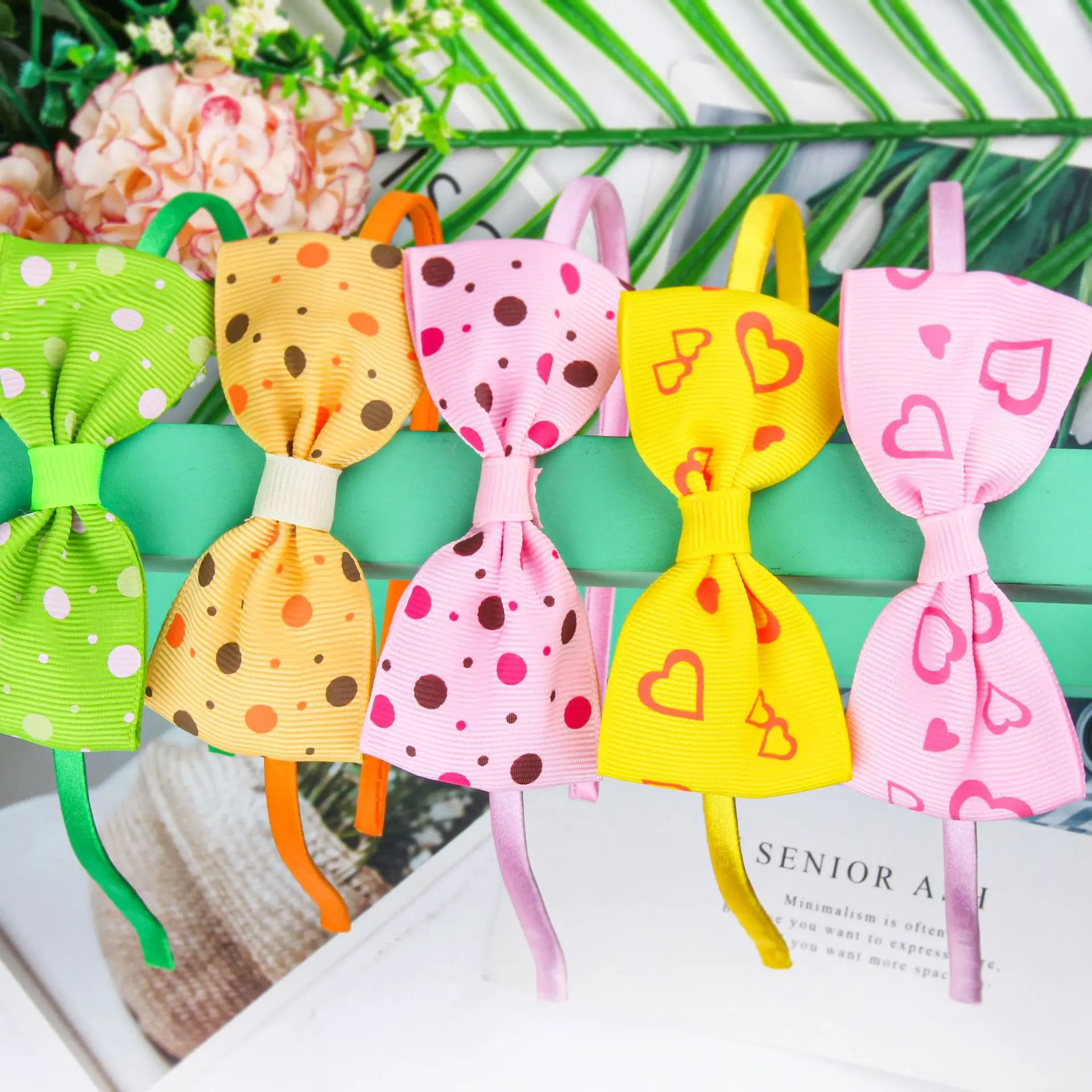 

5pcs New children's hair accessories, cartoon bowknot thin headband accessories, cute polka dot peach heart hairband wholesale