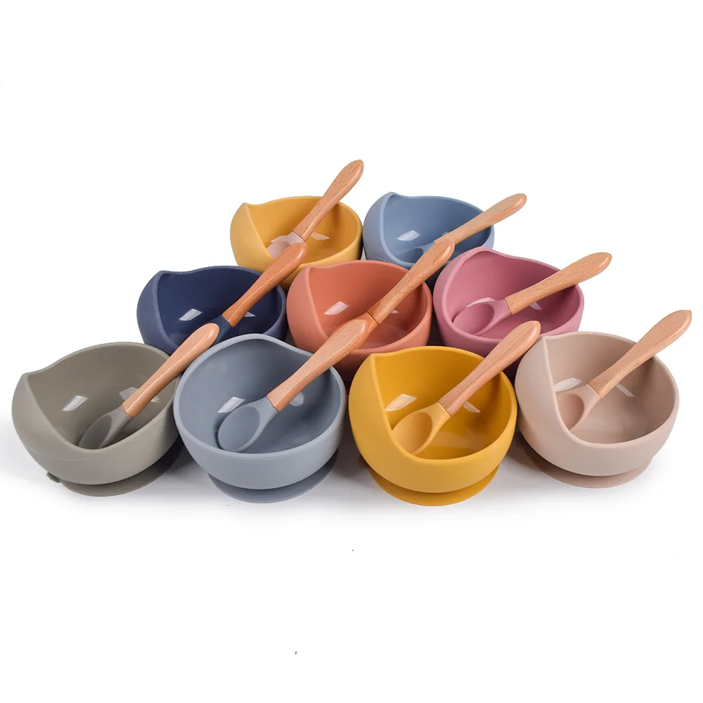 Baby bowl spoon Children Lunch silicone tableware wooden handle silicone spoon cup bowl baby Lunch Feeding