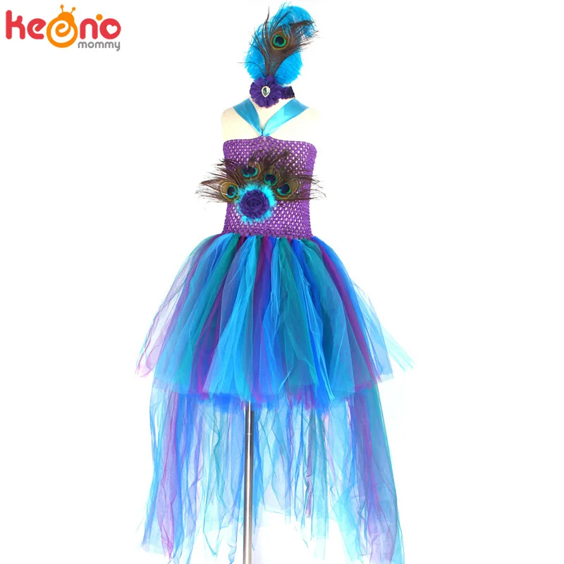 Fancy Peacock Feather Girl Pageant Tutu Dress With Headband Children Kids Birthday Party Wedding Ball Gowns Trailing Tulle Dress