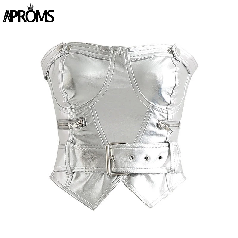 Серебристый Aproms, сексуальные женские топы из искусственной кожи с открытыми плечами, осень, уличная одежда, бодикон, бюстье, короткий топ, 90 s, крутые, для девушек, черные, тройники - Цвет: Серебристый
