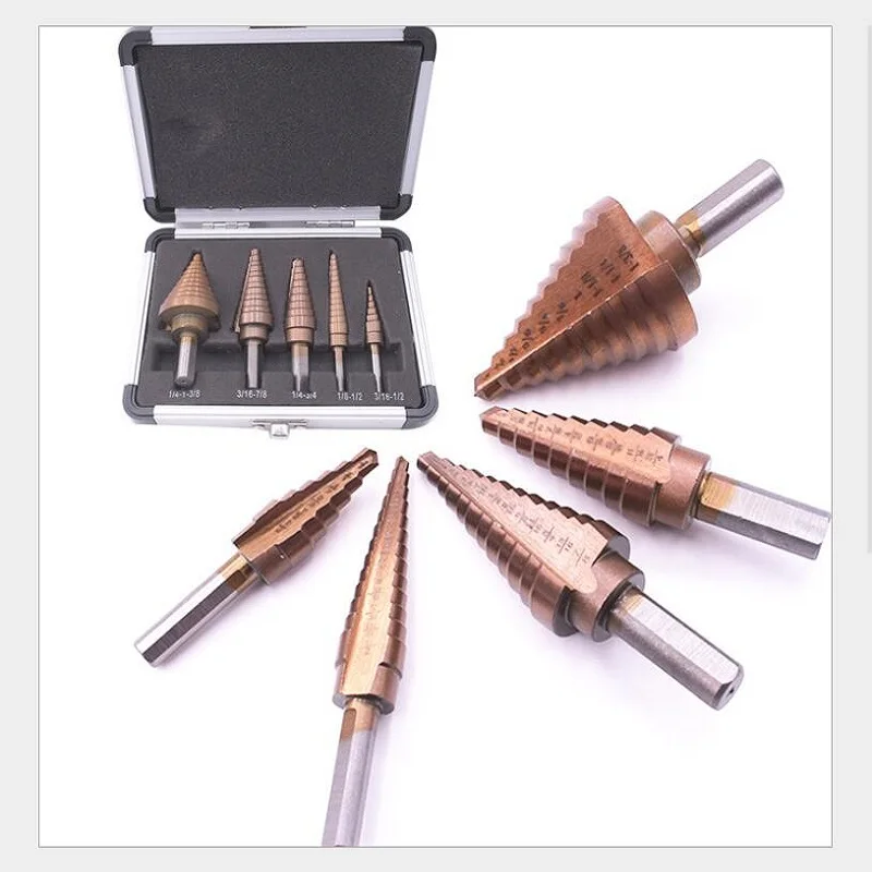 

Triangular Shank 5pcs Inch Pagoda Drill Multi-function Titanium-Plated Wood Metal Hole Cutter Core Aluminum box HSS Straight Gro