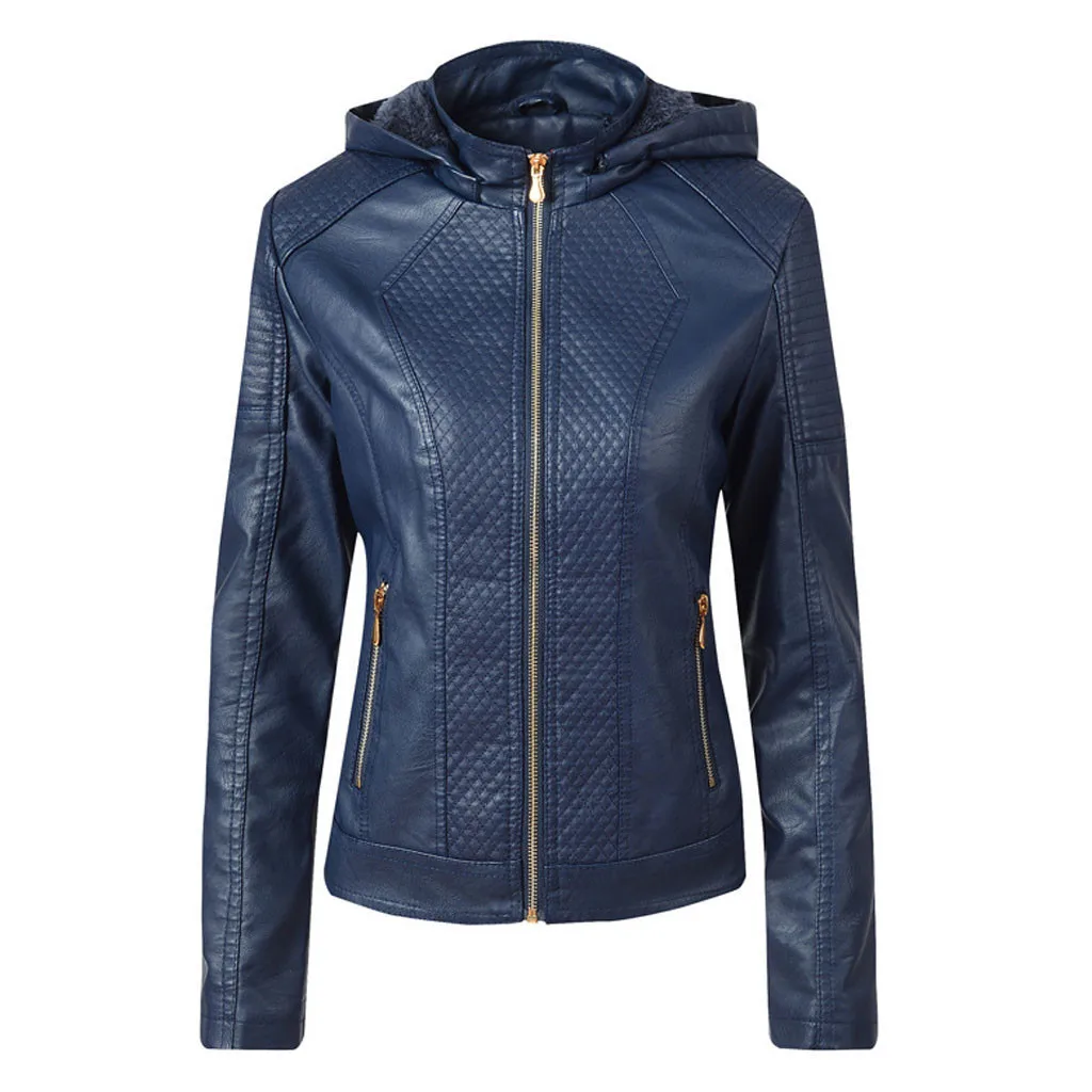 

Fashion 2019 Women Faux Leather Jackets Winter Hooded Fleece Thicking Coat Casual Zipper Motorcycle Pocket Biker Bomber Jacket
