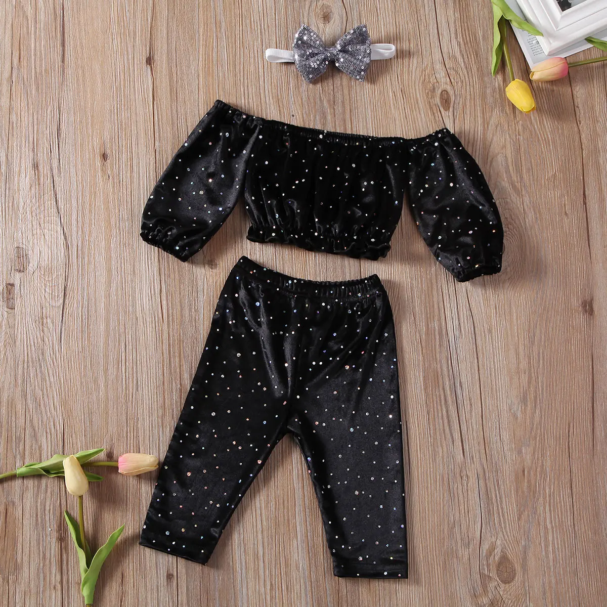Одежда с блестками для маленьких девочек 1-4 лет, топы с открытыми плечами, длинные штаны, комплект одежды
