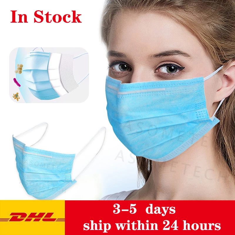 

50 PCSDisposable Mask Breathable Blue 3 Layer Face Mask for germ protection Dustproof FFP3 Mouth Masks DHL 3-5 Days Fast Arrive