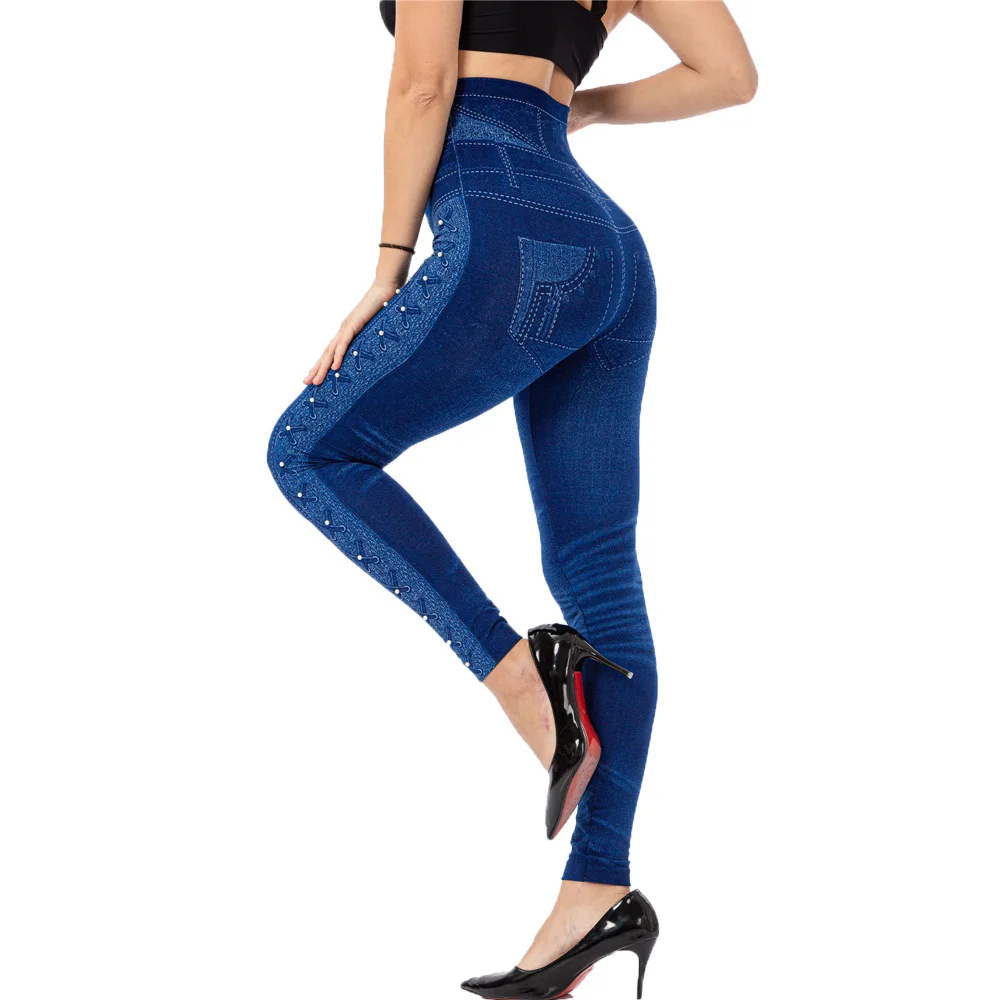 Plus Size 3XL High Waist Faux Denim Jean Leggings Slim Elastic Seamless Skinny Pencil Pant Female Workout Running Leggings tights for women