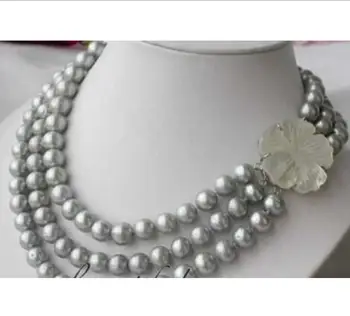 

Fashion jewelry Free Shipping AA 3row 11mm round gray freshwater pearl necklace