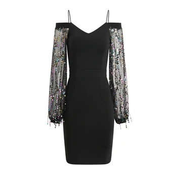 

French Small Sexy Sequined Straight Above Knee, Mini Dress Splicing Slim Show Thin V-neck Summer Dresses 2020 Ladies Dresses