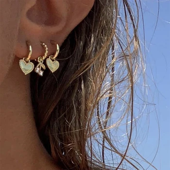 

Peri'sBox 4Pcs/Set Love Heart Gold Small Hoop Earrings Cherry Rhinestone Earrings for Women Cute Romantic Earrings 2020 Trendy