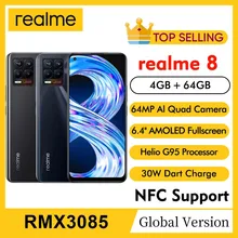 realme 8 RMX3085 6.4"FHD+ AMOLED 4GB 64GB 64MP AI Quad Camera Helio G95 Octa Core 5000mAh 30W Dart Charge NFC Mobile Phone