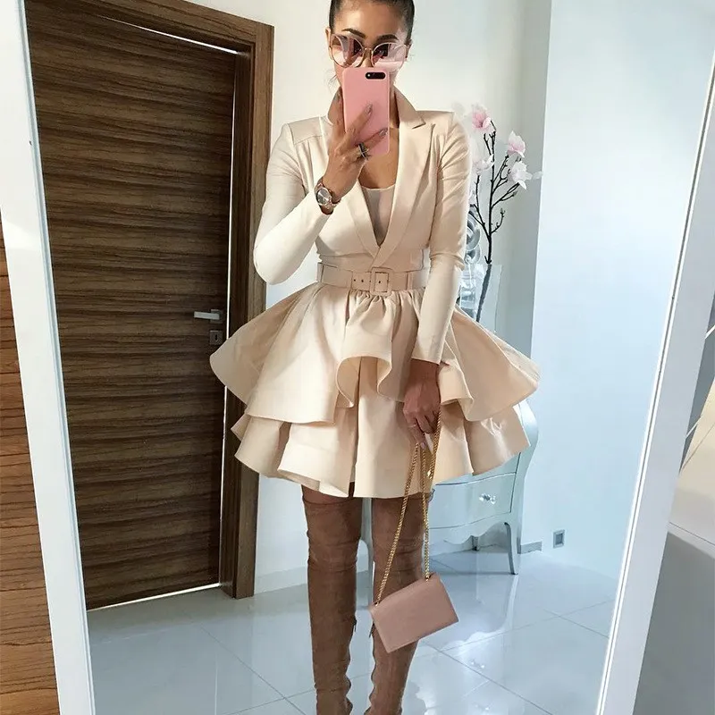 

Women V Neck Wrap Dress Solid Party Beach Dresses Autumn Long Sleeve High Waisted Ruffle Dresses