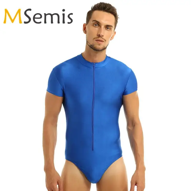 US $11.37 Swimwear Mens Gymnastics Leotard Swimsuit One Piece Swimwear Ballet Dance Bodysuit Front Zipper Hig