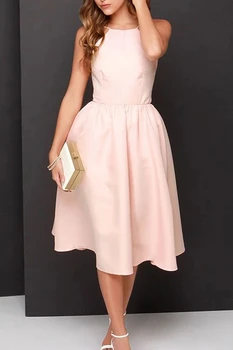 

Simple Pink Dress Spaghetti Straps Tea Length Party Dresses