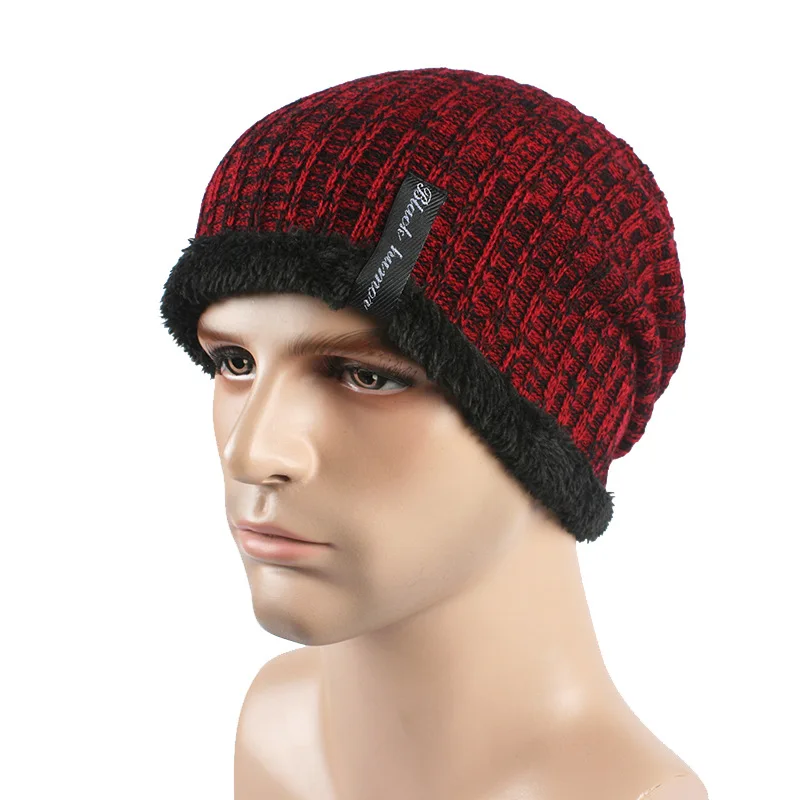 Skullies Beanie Корейская шерстяная шапка мужская осенняя и зимняя уличная теплая плюс бархатная дикая купольная вязаная шапка - Цвет: Бургундия