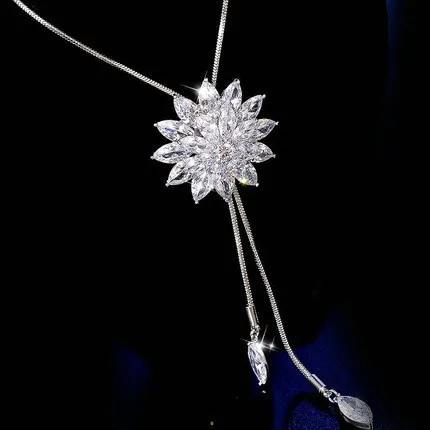 Длинное ожерелье из циркона в виде снежинки для женщин, модное серебряное длинное ожерелье с кристаллами и подвесками, Массивное колье, ювелирное изделие